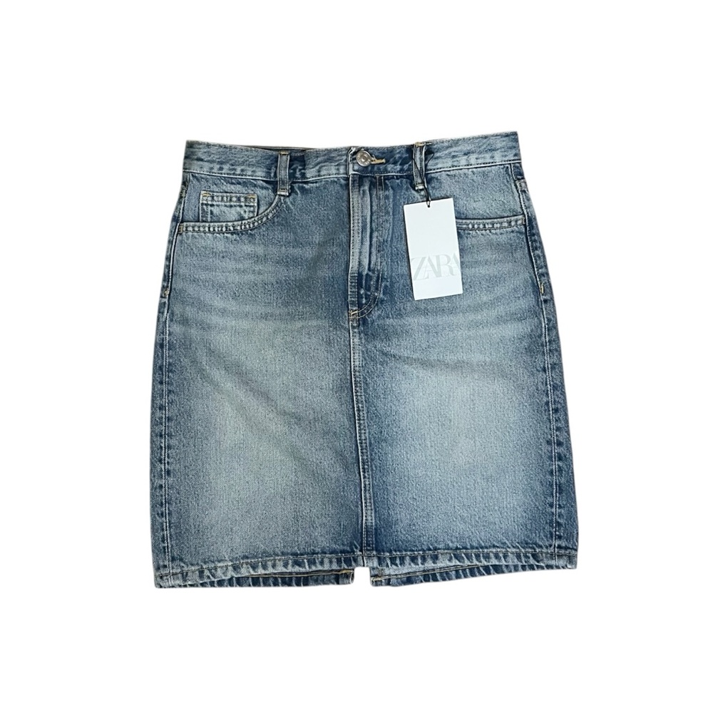 NWT Zara Classic Faded XS Denim Blue Jean Skirt Back Slit Knee Length Medium